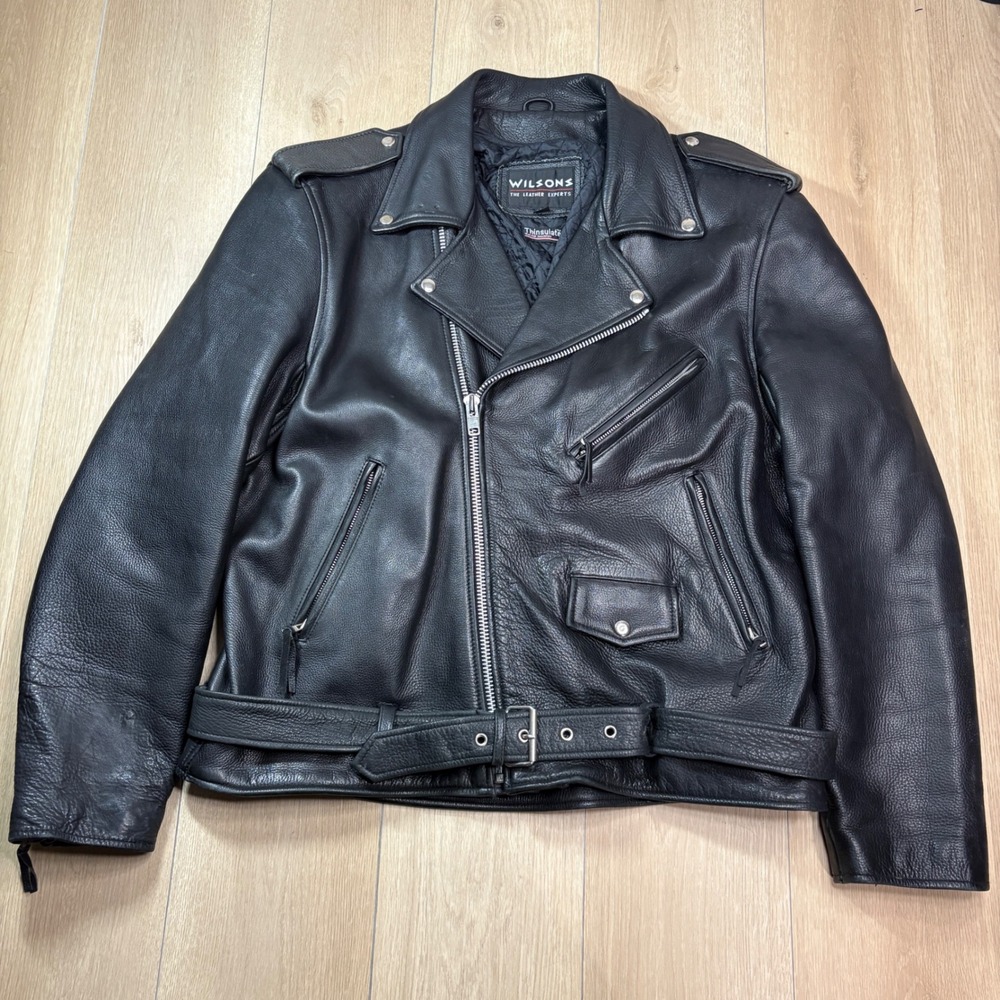 Wilsons Leather Mens XL Black Thinsulate Leather Biker Motorcycle Jacket Belted